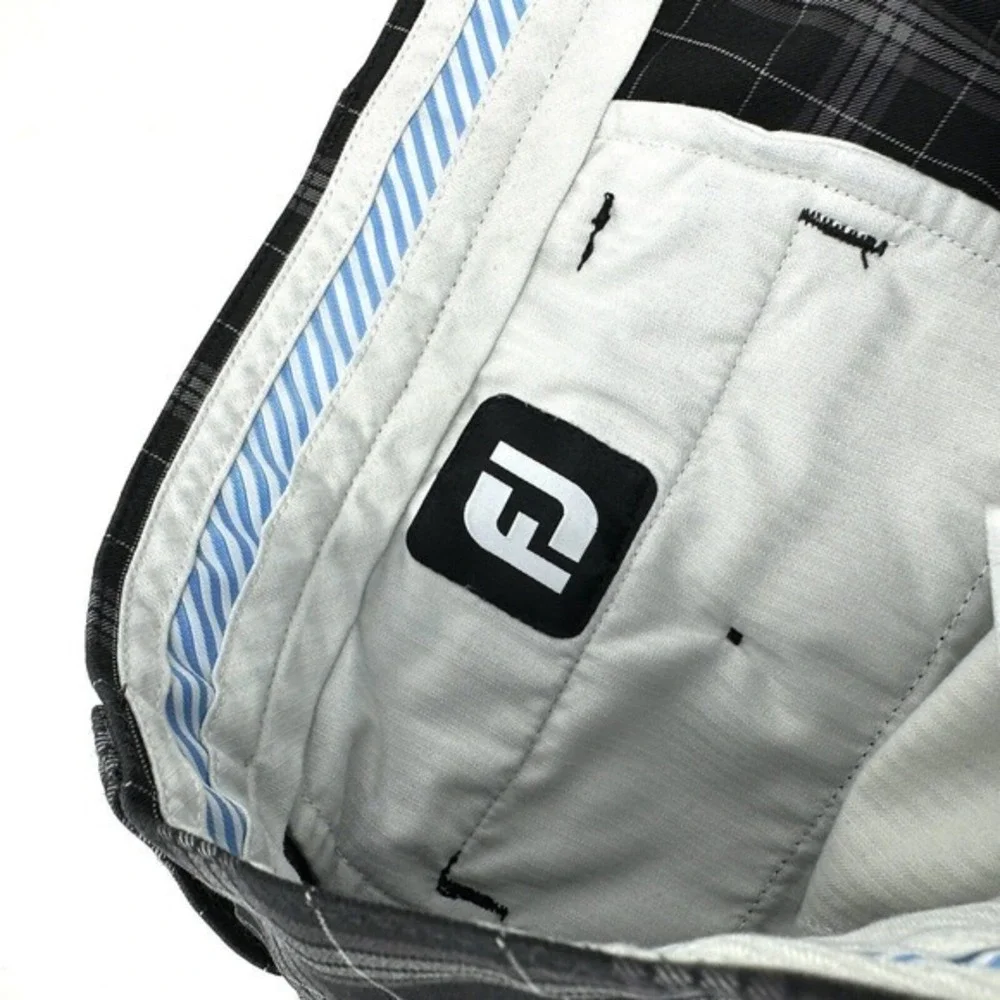 FootJoy FJ Gray Black Plaid Flat Front Polyester Spandex Golf Shorts Size 38‎